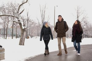 Three students walk on a path; there is snow on the ground and the tree branches also have snow on them.