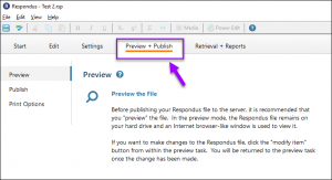 Preview and publish tab in the Respondus window. 