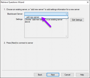 Blackboard server drop-down menu on the retrieve questions wizard window. 