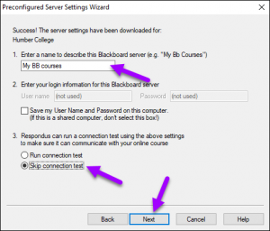 Name of server field and skip connection test option in the preconfigured server settings wizard window. 