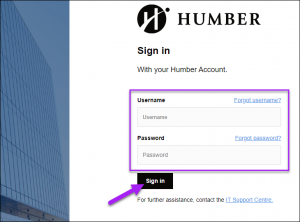 Prompt to enter Humber username and password.