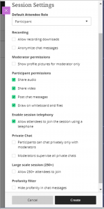 Collaborate Session Settings Menu