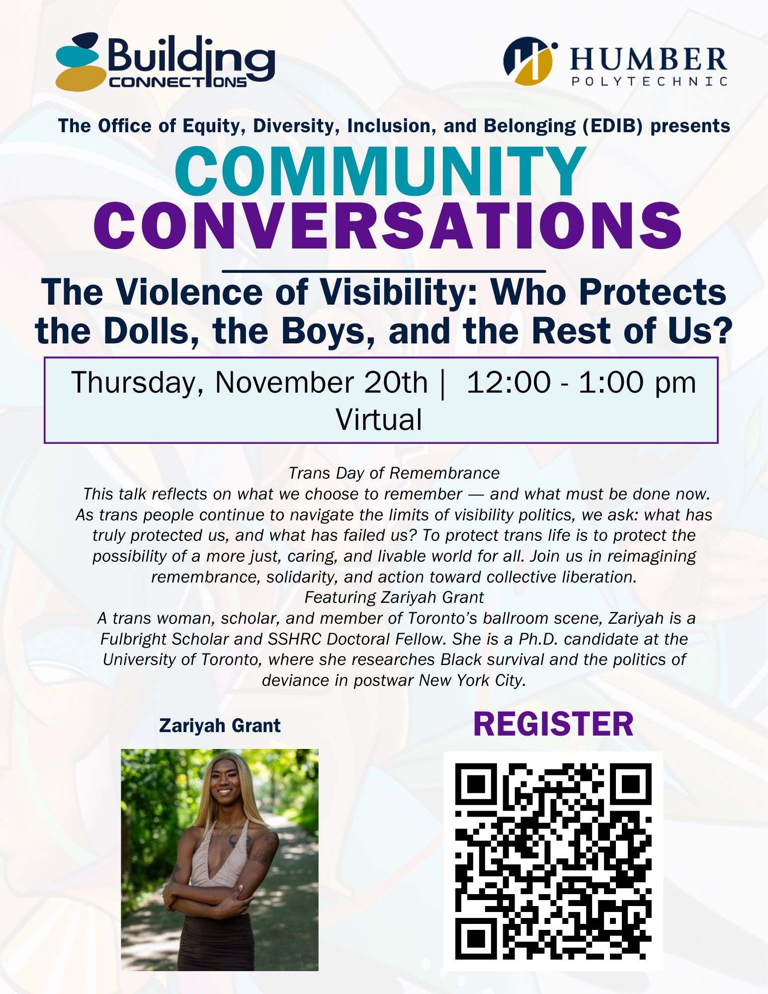 Transgender Day of Remembrance poster from Humber LGBTQ+ Resource Centre