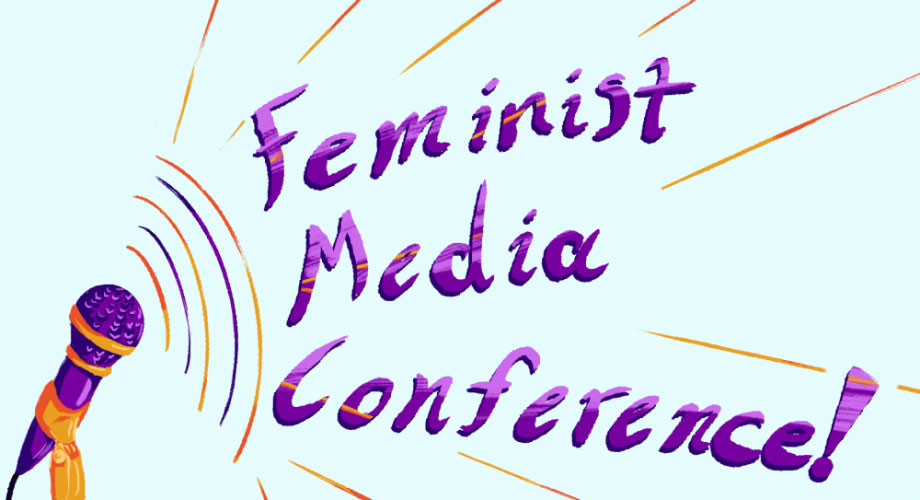 Illustration of a microphone announcing Feminist Media Conference.