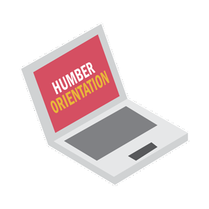 'Humber Orientation text displayed on a laptop with pink background