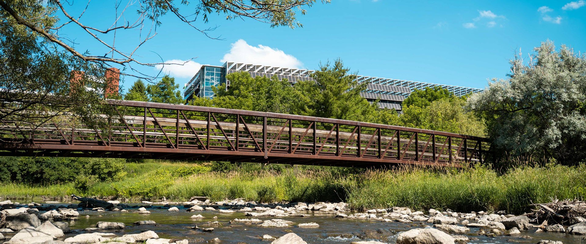 A rusty bridge spans the arboretum stream on North Campus.