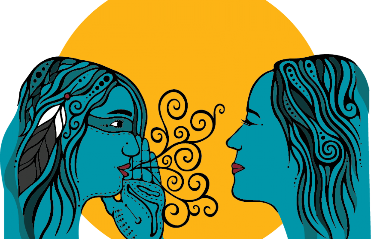 Drawing of two indigenous women - one seems to be communicating to the other. There is large orange cirlce behind them.