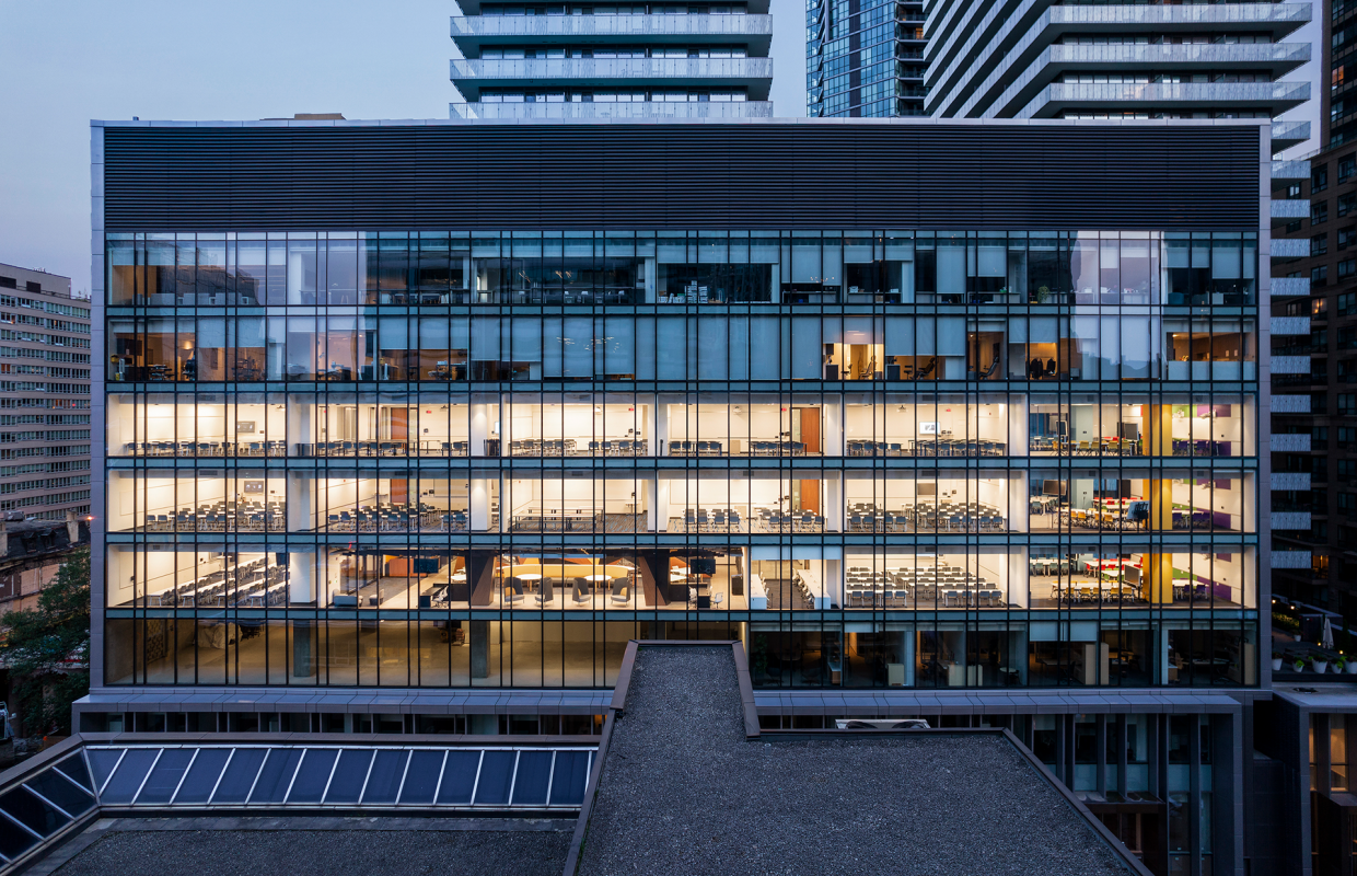 Evening view of the International Graduate School in downtown Toronto