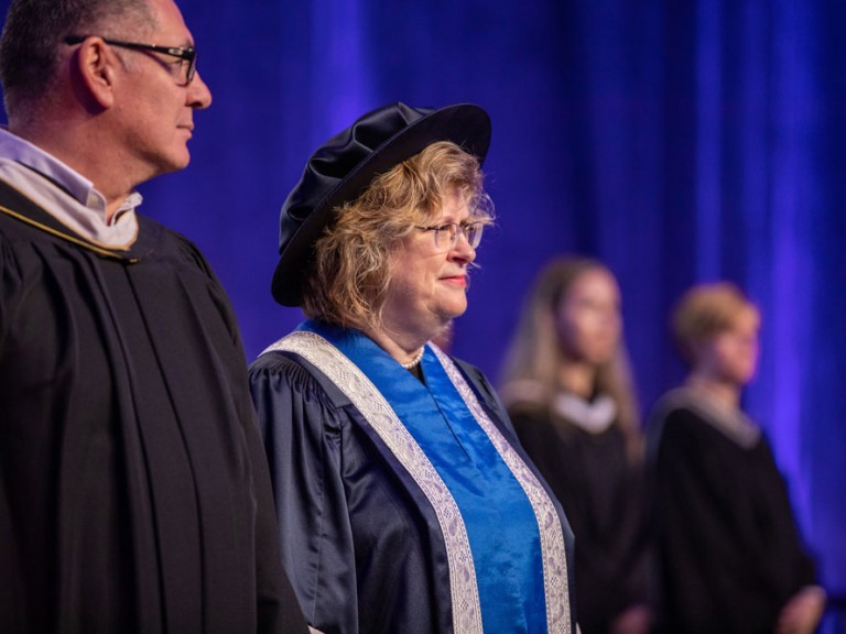 Side view of Humber president Ann Marie Vaughn on stage