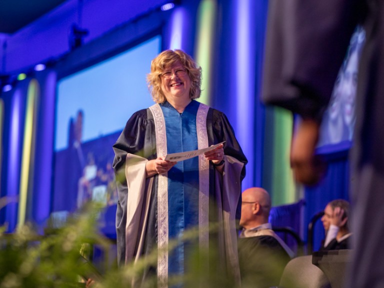 Humber president Ann Marie Vaughan smiles on stage