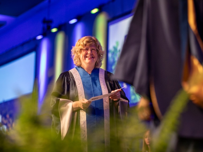 Humber president Ann Marie Vaughan smiles on stage