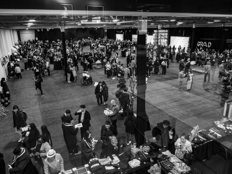 Bird's eye view of people mingling in ceremony reception hall