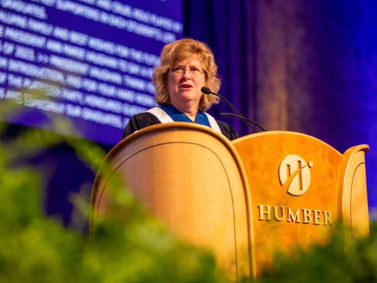 Humber president Ann Marie Vaughan speaking on stage