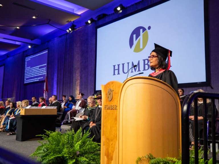 Person speaks at podium