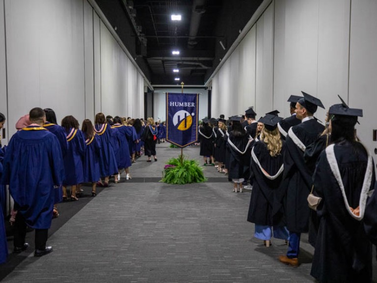Two lines of graduates, one wearing blue gowns and the other wearing black gowns