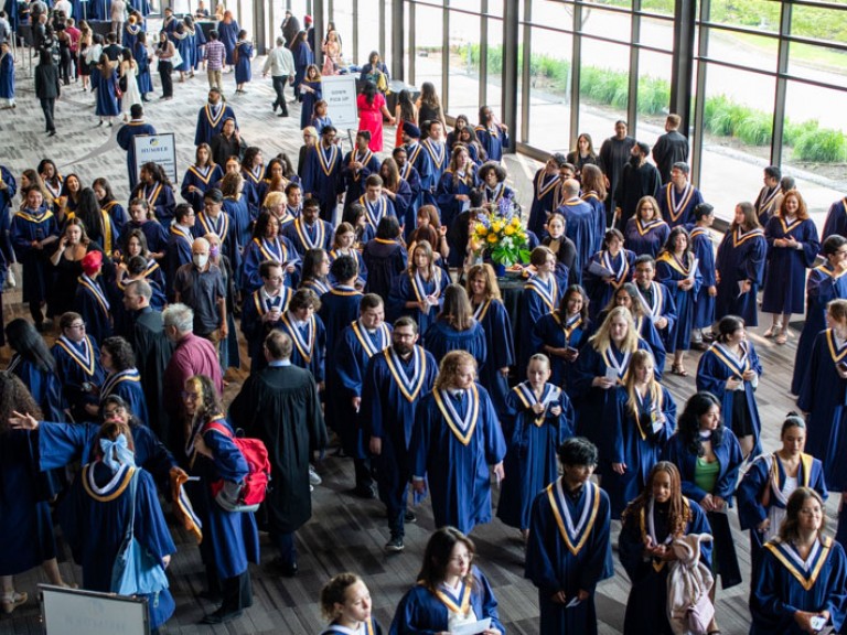 Overhead view of graduates in reception area
