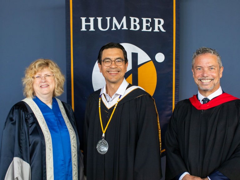 Humber president Ann-Marie Vaughan poses with faculty member and honorary degree recipient