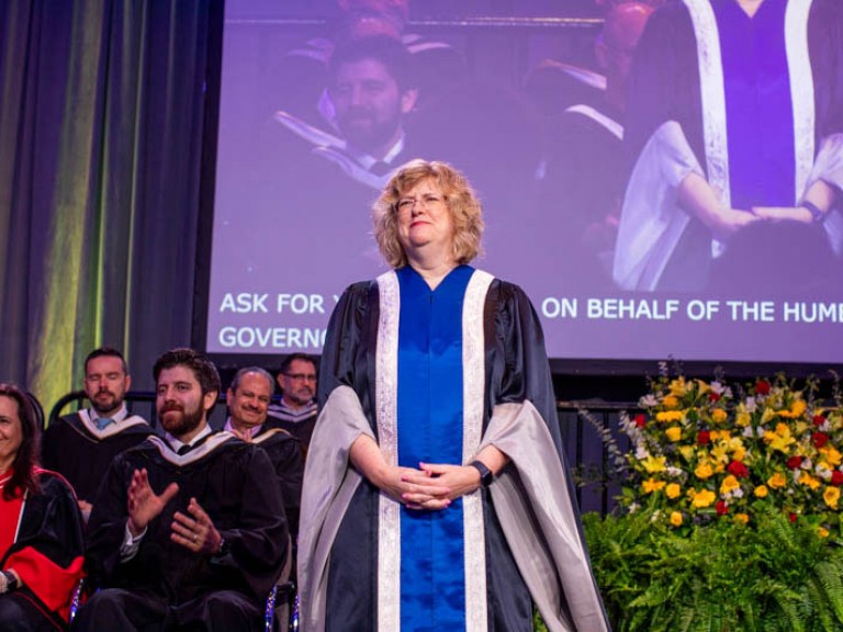 Humber president Ann Marie Vaughan standing on stage