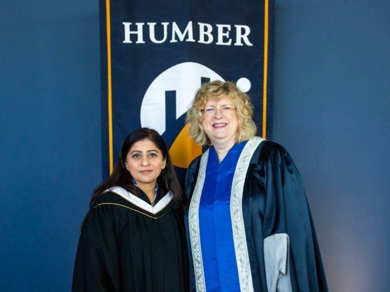 Honorary degree recipient Deepa Mattoo poses for photo with Humber president Ann Marie Vaughan