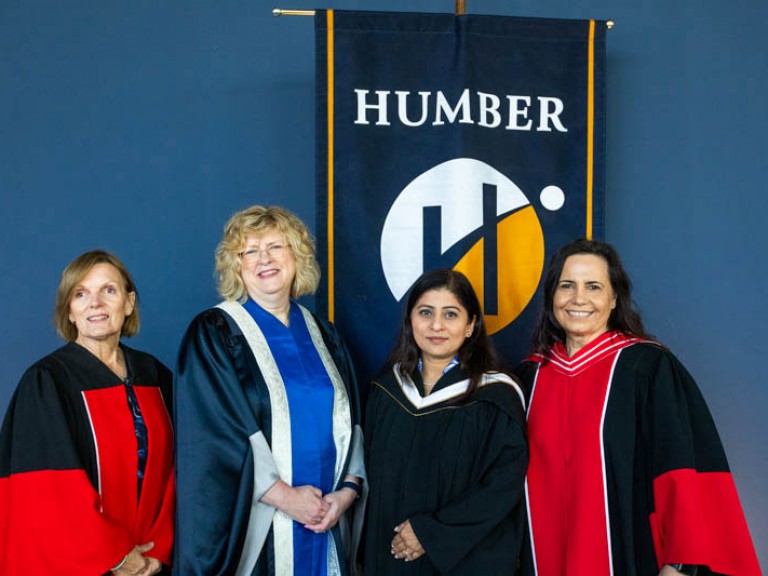 Honorary degree recipient Deepa Mattoo with Humber president and two Humber faculty members