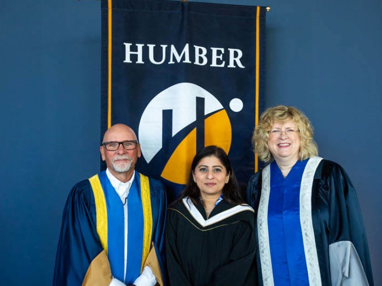 Honorary degree recipient Deepa Mattoo with Humber president and another Humber faculty member