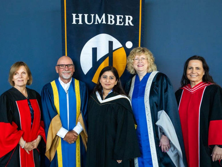 Honorary degree recipient Deepa Mattoo with Humber president and three Humber faculty members