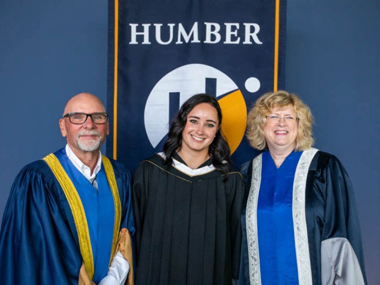 Honorary degree recipient Kaetlyn Osmond poses with Humber president and Humber faculty member for photo
