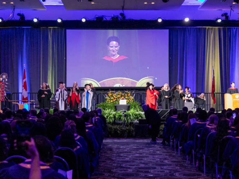 Faculty on stage standing and clapping