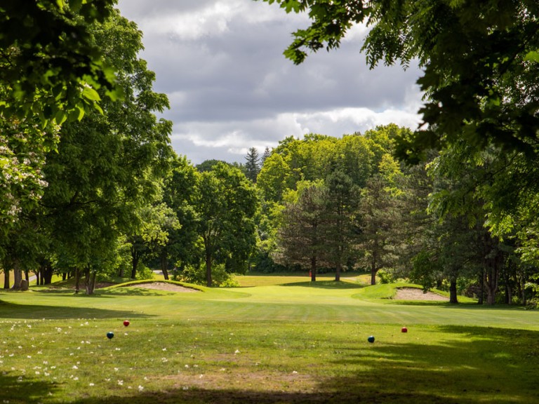 Empty golf course surrounded by trees
