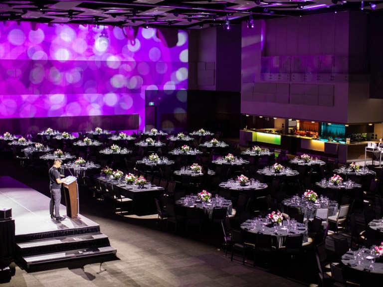 Event hall with empty dining tables set up