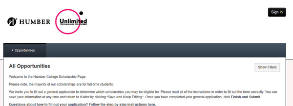 screenshot of Humber unlimited scholarship portal