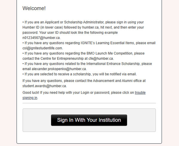 screenshot of Humber unlimited scholarship welcome screen