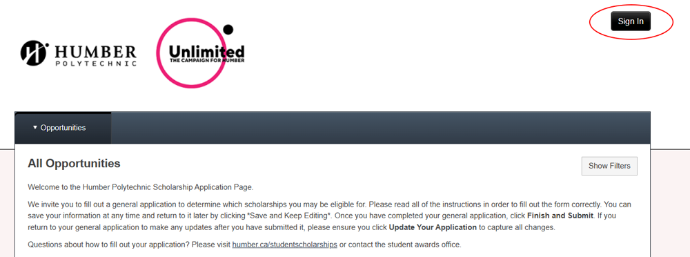 screenshot of Humber unlimited scholarship portal