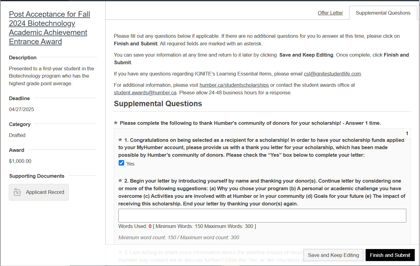 screenshot of post acceptance questions