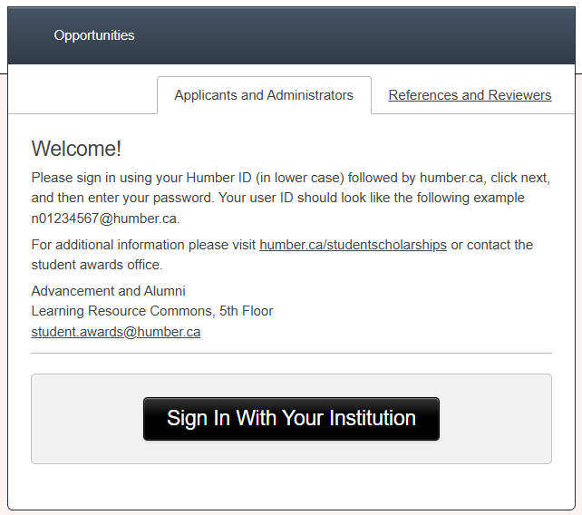 screenshot of Humber unlimited scholarship welcome screen