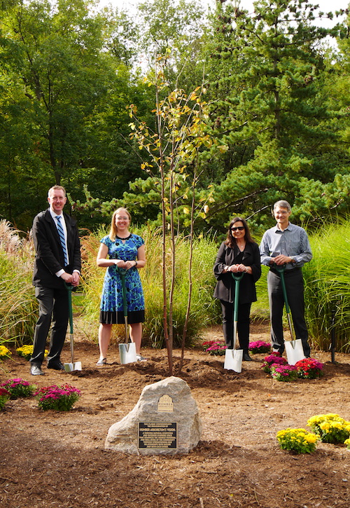 Four partners from the Humber Arboretum stand around a tree, shovels in hand