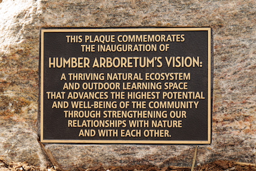 A plaque on a stone acknowledges the launch of the Humber Arboretum's new stated vision