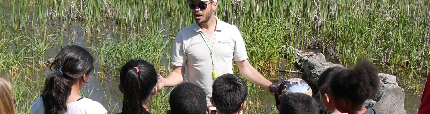 Outside at the edge of a wetland, a man wearing a TRCA shirt speaks to a group of children
