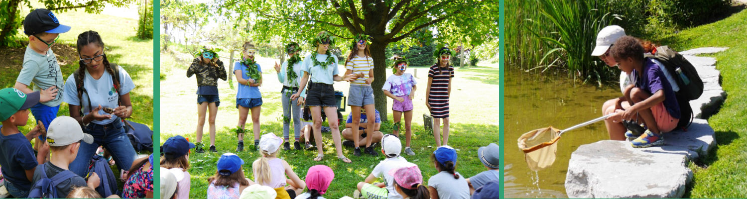 Collage: A young woman shows a young child a craft on a lawn, a camp counsellor and group of teens in masks made out of nature materials stand in front of a group of seated children, a camp counsellor works with a child using a net to explore a pond
