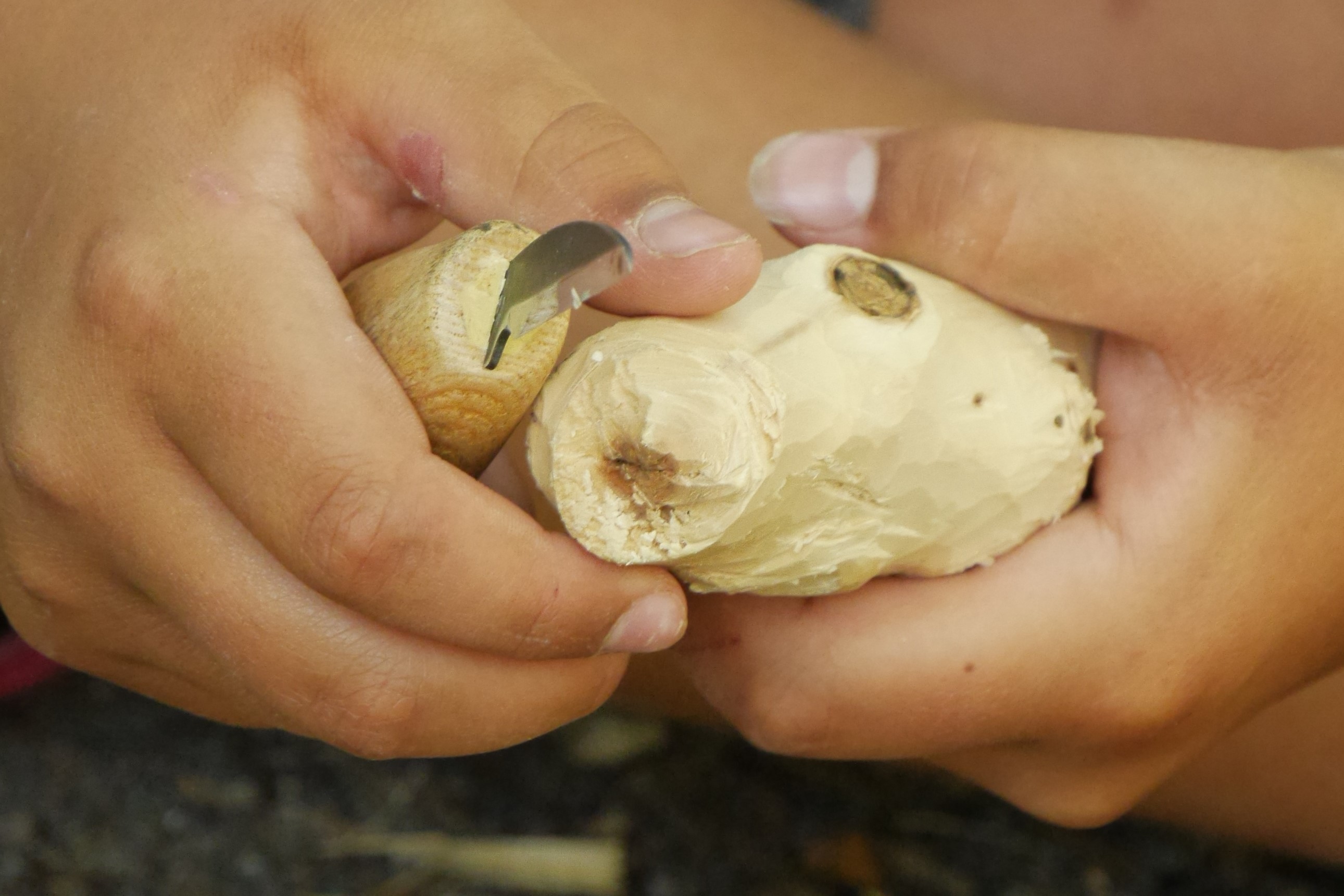 A camper holds an in-progress carving and carving knife.