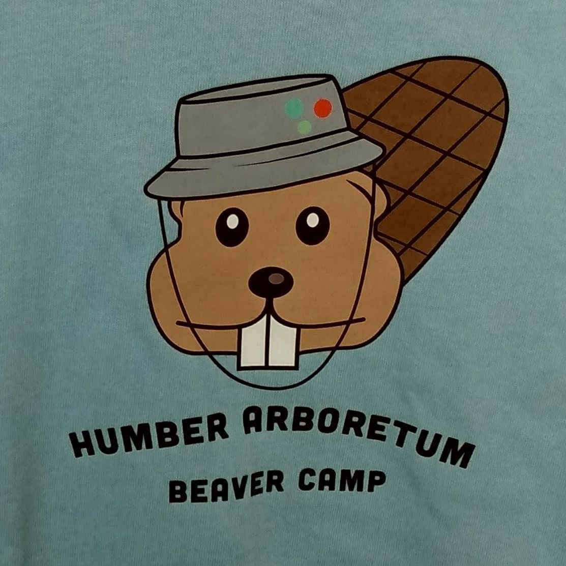 Close up of a Beaver Camp t-shirt featuring a beaver wearing a bucket hat