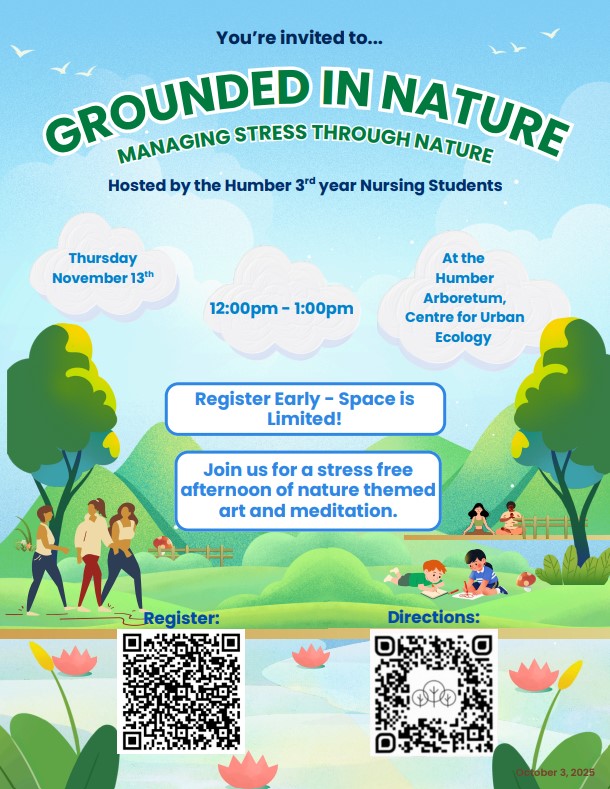 A poster with information from the event listigin features cartoon images of people walking, doing yoga, and children colouring outside. 