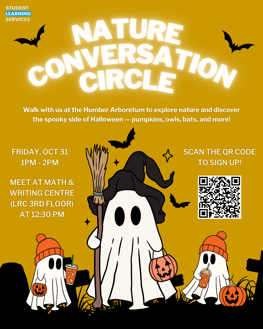 A poster for the event featuring a little ghost graphic 