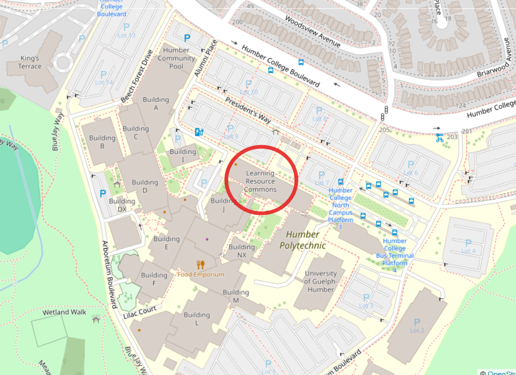 A map shows a building circled which is closest to Humber College Blvd at the front of campus