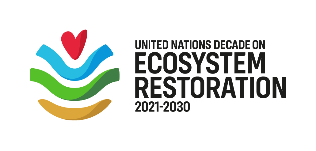 Logo of the UN Decade on Ecosystem Restoration, a hand drawn heart with a green, blue, and sienna line beneath