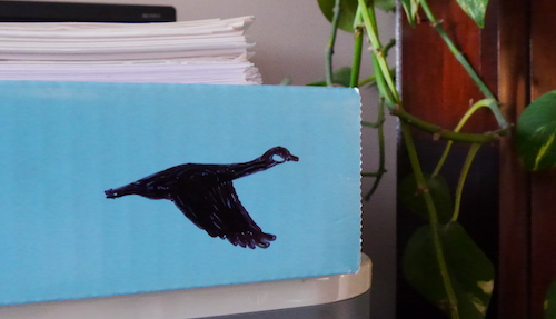 A silhouette of a goose in flight drawn on a box that holds paper