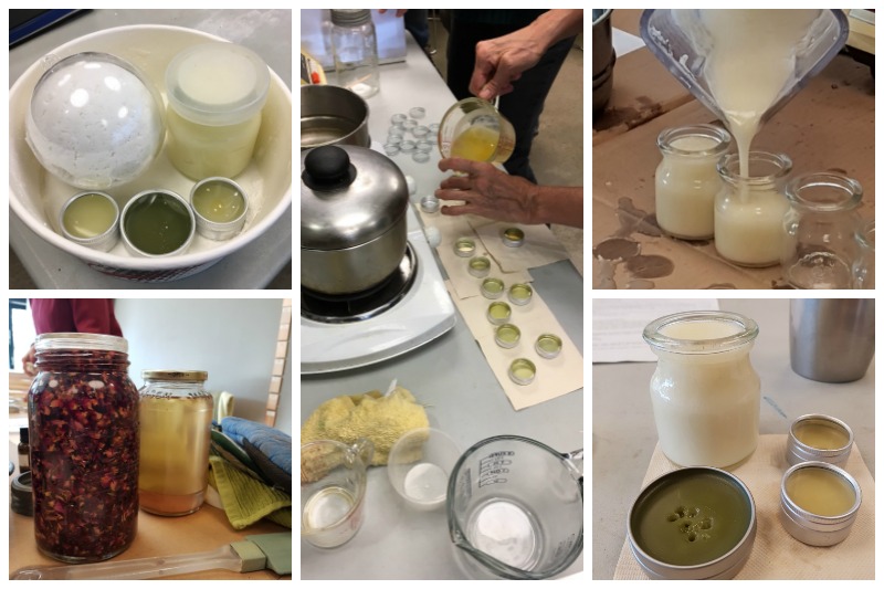  A collage of mixing and pouring creams into small jars