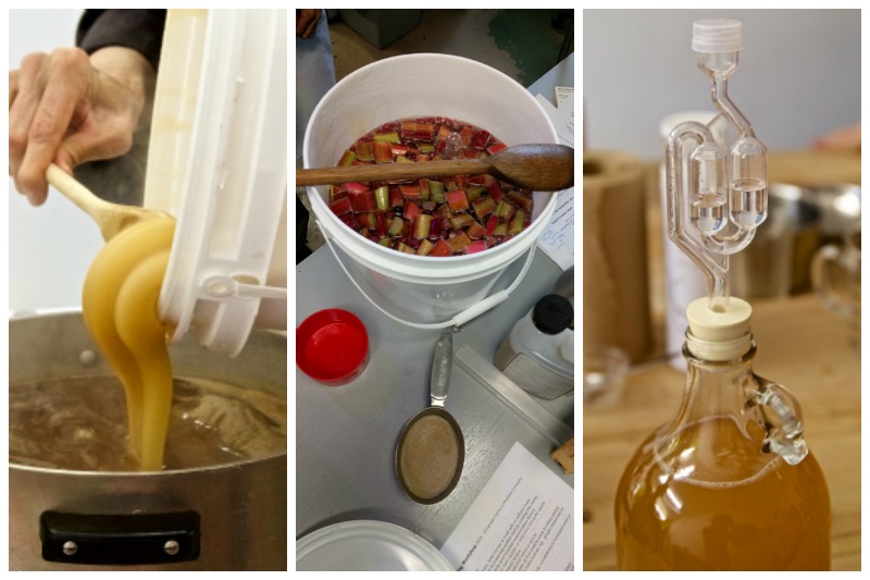 A collage of honey being poured into a pot and jars with tubes attached to the top