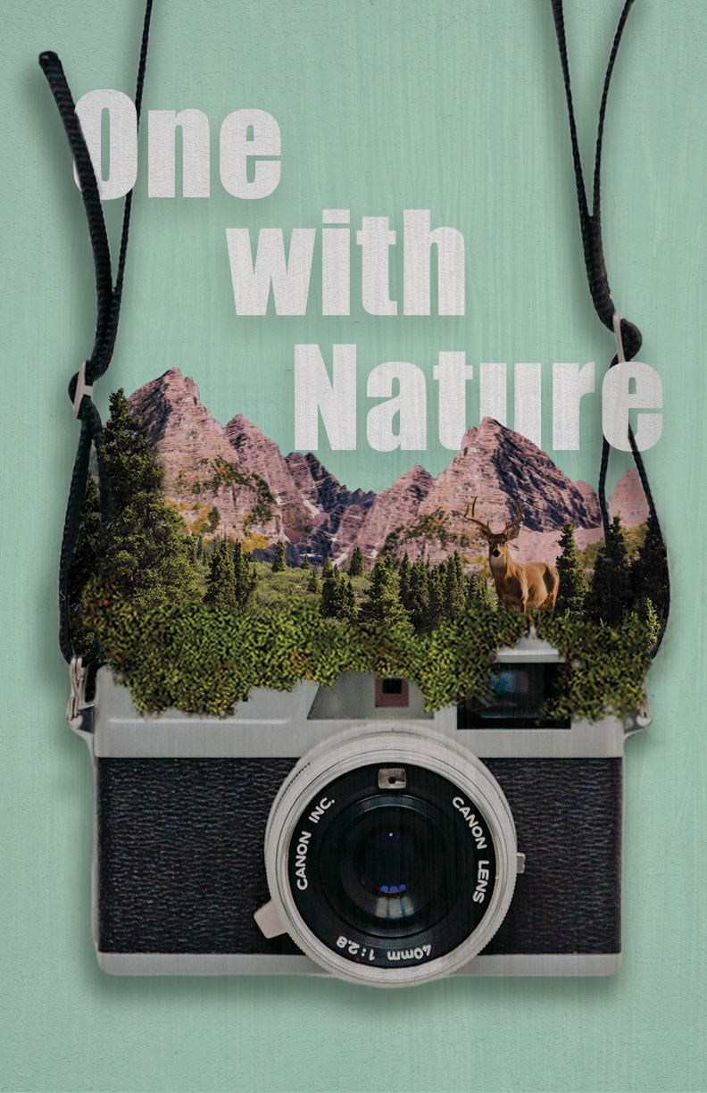A camera and a mountain are blended into one image. Text reads One with nature.