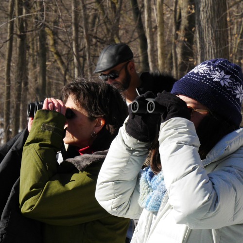 Two women in winter gear look through binoculars 